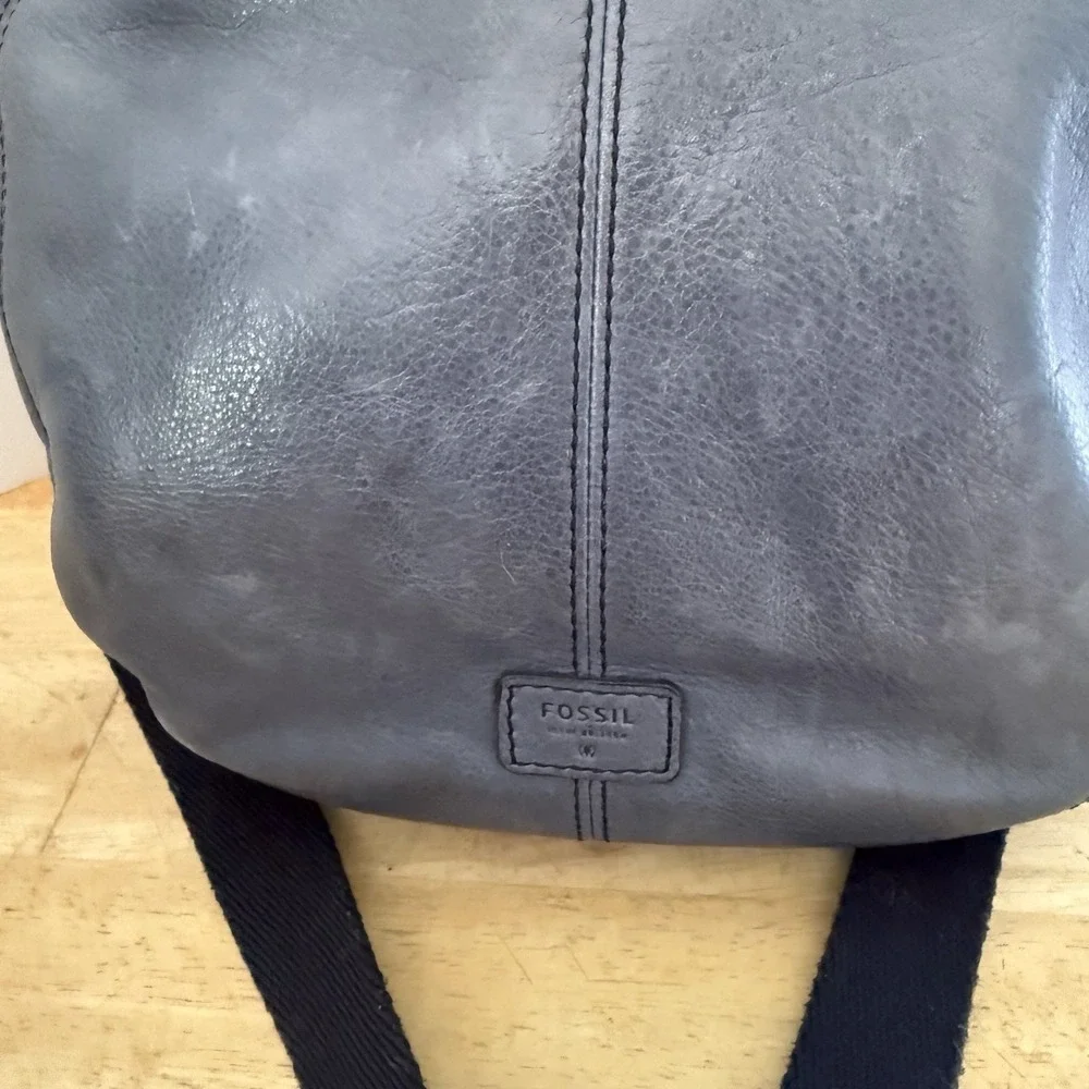 Fossil Dusty Blue Leather Handbag Zip Convertable Crossbody Shoulder Satchel Bag